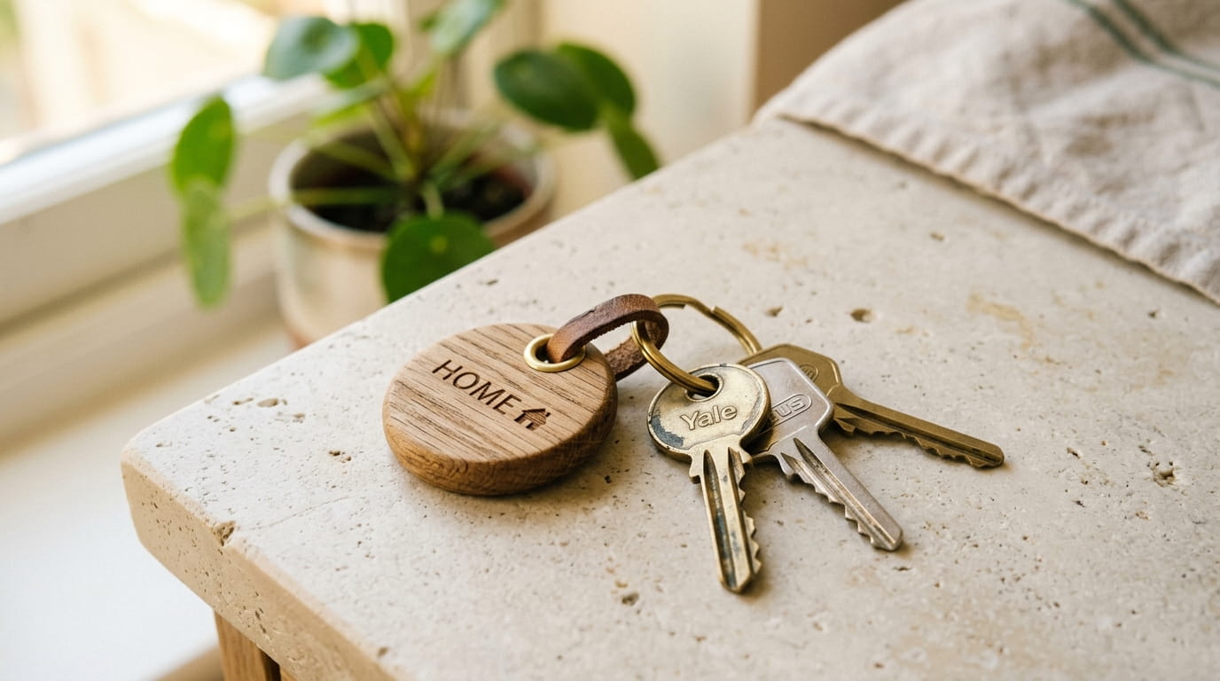 House keys on a wooden keyring resting on a stone kitchen counter