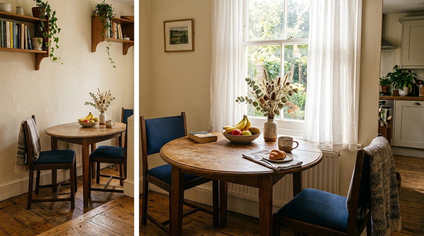 A sunlit breakfast nook with a round wooden table and two chairs