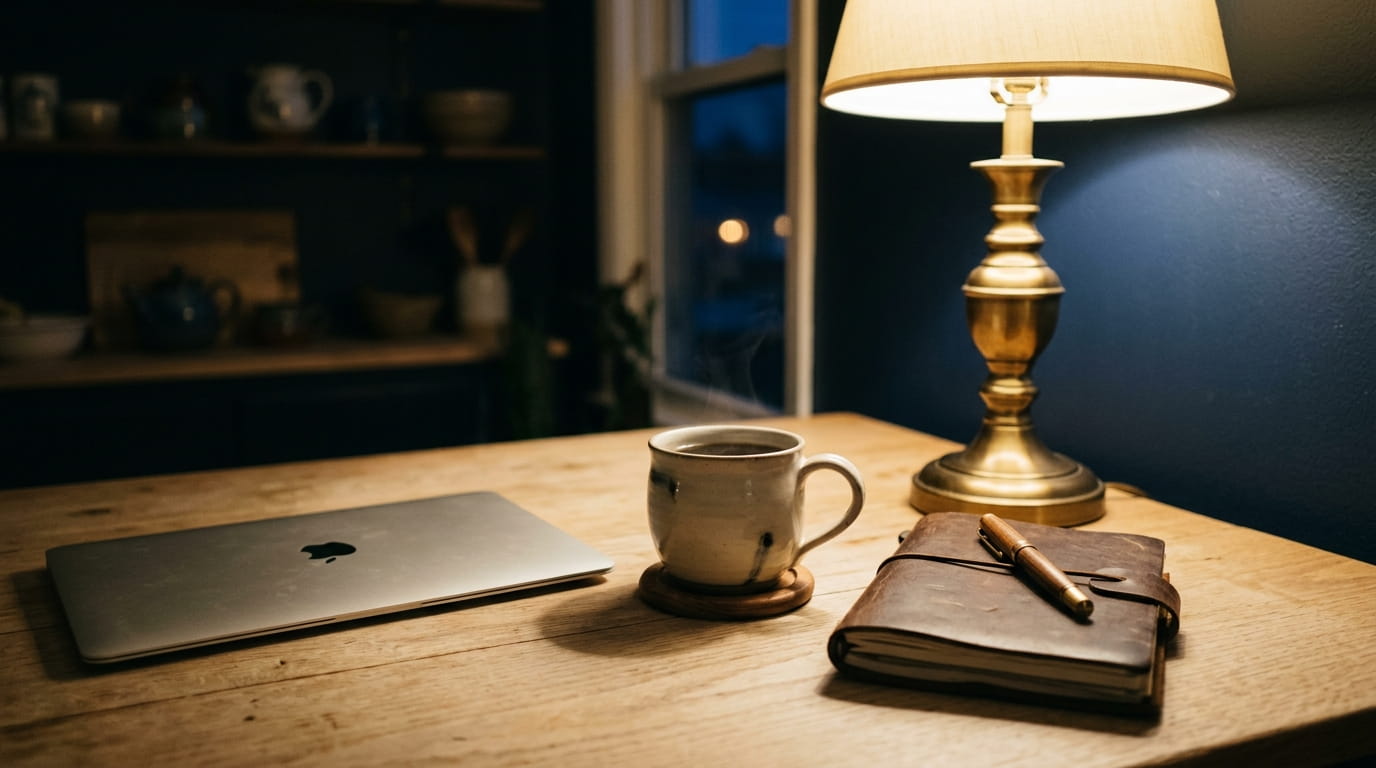 A closed laptop, coffee and notebook on a kitchen table under warm lamplight