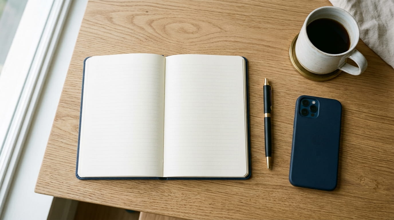 An open notebook, pen and coffee cup arranged on an oak desk