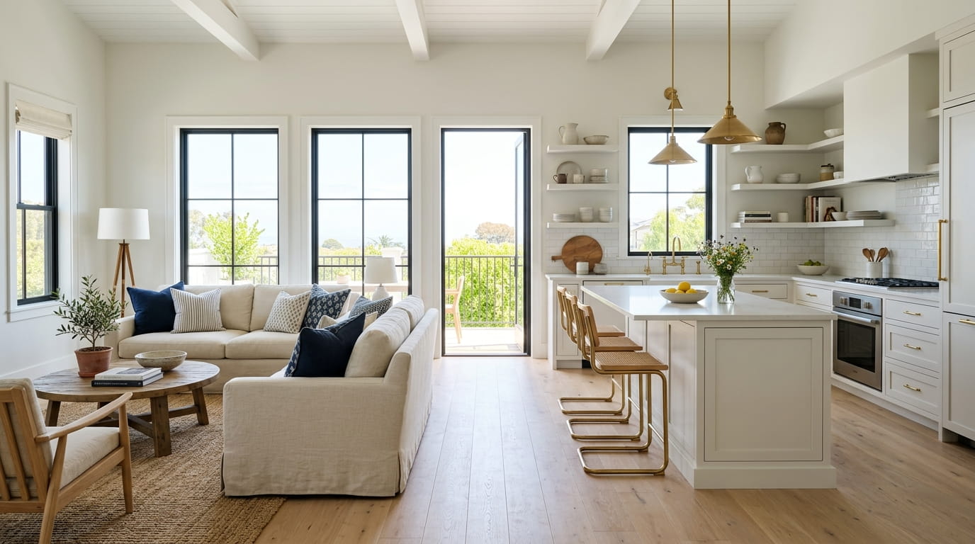 A bright open-plan living and kitchen space in a vacation rental