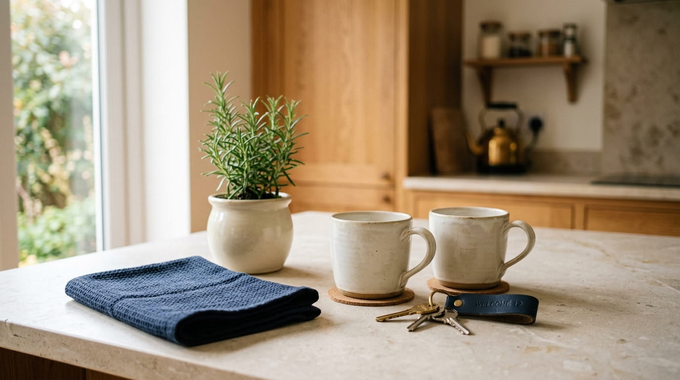 A kitchen counter with keys, mugs and a potted herb set out for an arriving guest