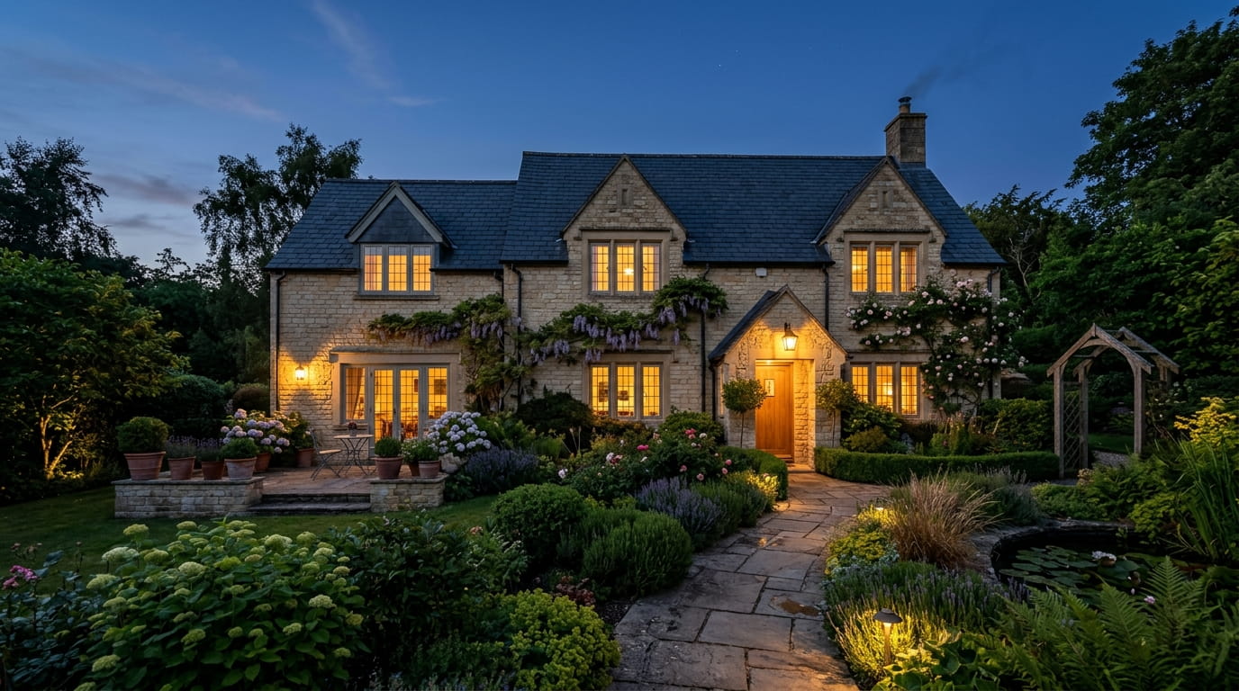 A two-storey home at twilight with every window glowing warm